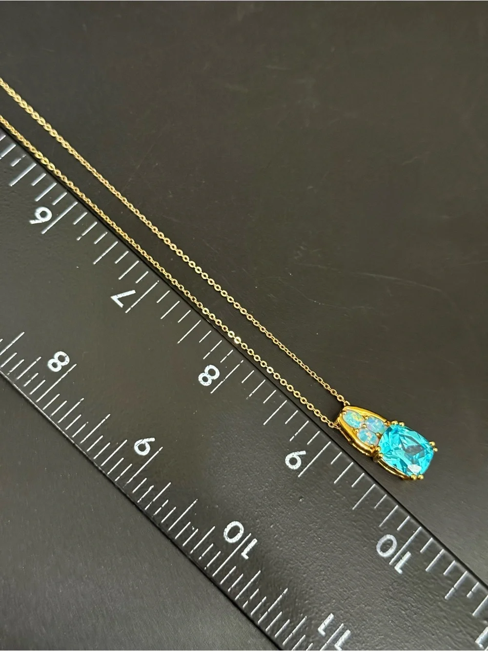 925 Sterling Gold Vermeil Cushion Cut Blue Topaz Gemstone Opal Pendant Necklace